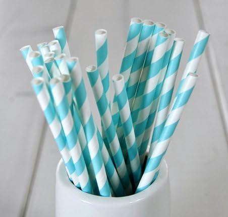 Xpres 50pcs Disposable Biodegradable Paper Straws Striped Drinking Straws, Blue and White
