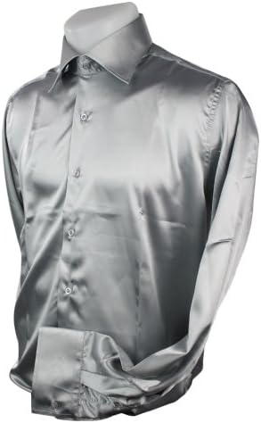 Mens Italian Design Silver Silk Satin Finish Shirt Smart Slim Fit
