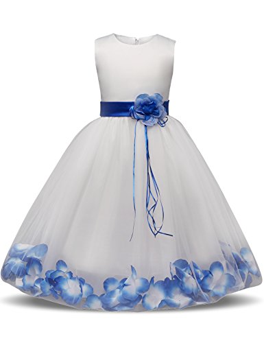 NNJXD Girl Flower Petal Bowknot Bautizo Vestido de Fiesta de la Dama de Honor de la Boda Talla (150) 7-8 Años Azul