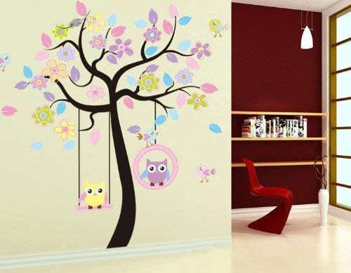 Fun Goo - Adhesivo reutilizable de pared para dormitorio infantil con diseño de árbol con búhos (170 x 160 cm), multicolor