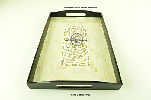wooden tray handmade serving tray platter rectangular wood tray lacquer inlaid with mother of pearl sea shell fine quality decorative tray large size cream black, H063L