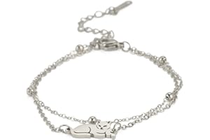unift Bracciale a Strati per le Fonne Gatto Reclinato Bracciale a Doppia Catena Acciaio Inox Ciondolo Gatto Carino Bracciale a Doppio Strato Gioielli Regali per l'amante dei Gatti