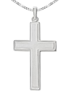 CLEVER SCHMUCK Silbernes großes Kreuz 32 mm innen seidenmatt erhaben, glänzende Kante und Kette Panzer 50 cm STERLING...