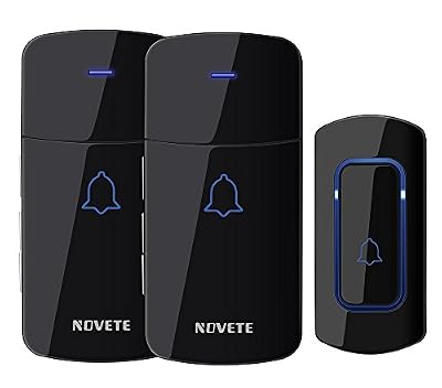 Novete Sonnette Sans Fil, NOVETE Carillon de porte sans fil à 400 mètres de portée avec 1 bouton-émetteur et 2 récepteurs, Kit de carillon de porte étanche avec voyant LED, 52 mélodies, fonction de mémoire et 5 niveaux de volume