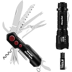 morpilot Lampe de Poche et Couteau Suisse, 5 Mode de Luminosité Réglable 500LM, Étanche IPX4, 15 en 1 Couteau Multifonction avec Tournevis, Ciseaux, Scie, Boussole, Acier Inoxydable