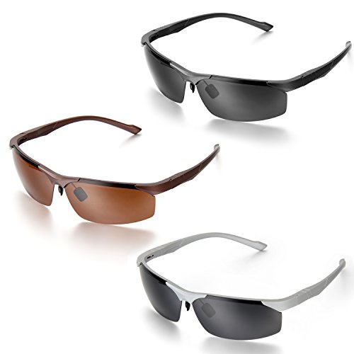 Aroncent Herren Schutzbrille, 100% UV-Schutz Polarisiert Sport Sonnenbrille für Radfahren, Cycling, Angeln, Running Outdoor Sport, Silber Schwarz Braun