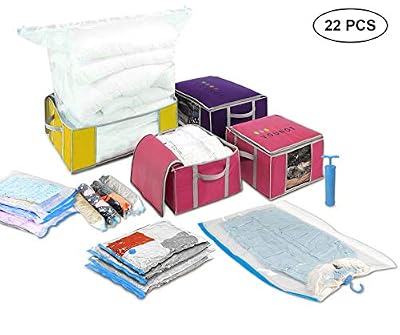 NOUVOT Lot de 22 Sacs de Rangement sous Vide | 17 Sacs sous Vide-4 Housses de Rangement-1 Pompe | Grande Capacité Multifonction | Coffre de Rangement Duvet et Couettes