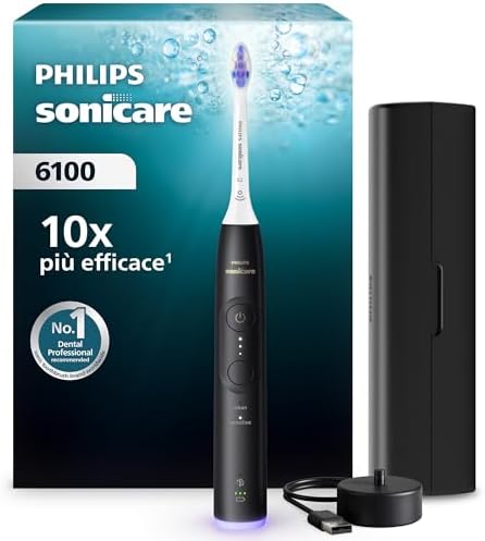 Philips Sonicare 6100, spazzolino elettrico sonico con 2 modalità di spazzolamento e 3 livelli di intensità, avviso di pressione, EasyStart, SmarTimer, nero, modello HX7401/07 [Nuova tecnologia]