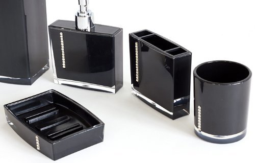 Edle mit Strass besetzte Bad Garnitur (5-teilig: Seifenspender / Zahnbürstenhalter / Zahnputzbecher / WC-Bürste / Seifenschale) Farbe: SCHWARZ - 2