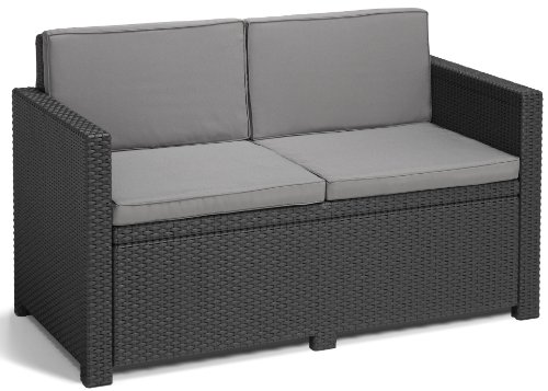 Allibert 220025 Lounge Set Monaco mit Kissenbox-Tisch 2x Sessel und 1x Sofa, Rattanoptik, Kunststoff, graphit