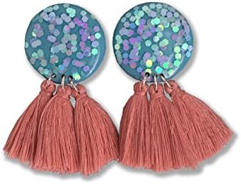 Aquamarine Dusty Pink Statement Tassel Earrings