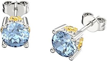VAN LECONY White Gold and Gold Plated Flower Round Cut Crystal Stud Earrings with Different Colors (Aquamarine)