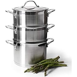 ProCook Professional Steel - Set Cuiseur Vapeur INOX Induction - Marmite & 2 Paniers Vapeur INOX - Couvercle Verre Trempé - Poignée Ergonomique INOX Isolant - 20 cm / 3 Niveaux