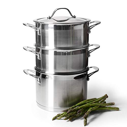 ProCook Professional Steel - Set Cuiseur Vapeur INOX Induction - Marmite & 2 Paniers Vapeur INOX - Couvercle Verre Trempé - Poignée Ergonomique INOX Isolant - 20 cm / 3 Niveaux