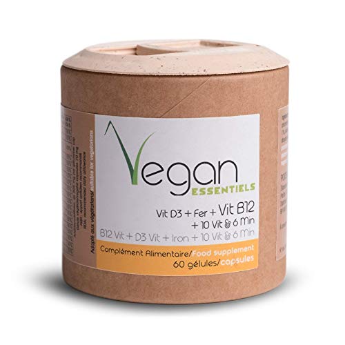 Multi vitamines Vit B12+ Vit D3 + Fer et 10 Vitamines + 6 Mineraux - 60 gélules Vegan Essentiels by Argalys