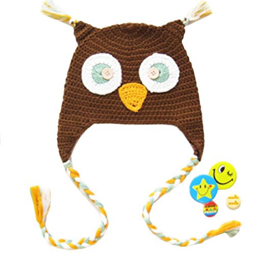 KF Baby Animal Beanie Hat, with Ear Flaps and Braids, Owl, Brown + FREE Gift of 4 Pinback Buttons