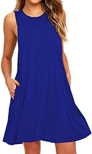 TIAQUE Women Casual Loose Tank Dress Sleeveless A-Line Knee-Long Simple Pockets Swing Summer T-Shirt Dresses Blue UK 14