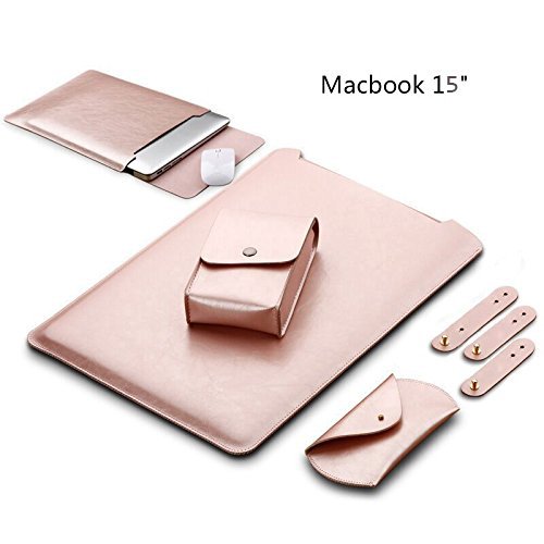 GENORTH® Weiche Hülle Leder Tasche für Macbook Pro 15.4 Wasserdicht mit Schutz Tasche für Maus und Netzteil (15 Zoll, Rose Gold)