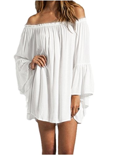 ZANZEA Women's Sexy Summer Casual Chiffon Long Sleeve Off Shoulder Beach Mini Top Dress White 2XL