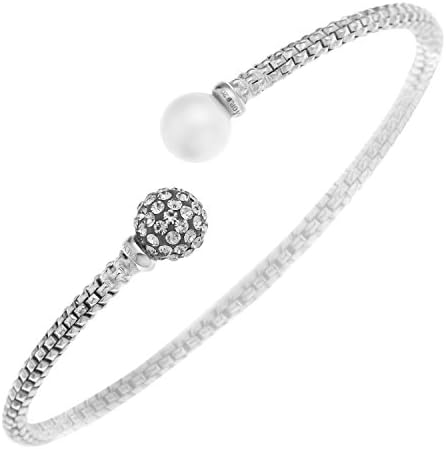 Ornami Glamour Sterling Silver Opposing End Torque Bangle with Pearl and Crystal Bead