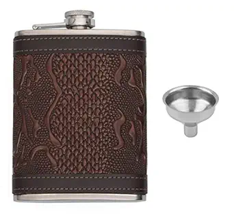 Store2508 Hip Flask with Funnel Stainless Steel Body with Snake Skin Pattern PU Leather Cladding 8 Oz (236 ml)