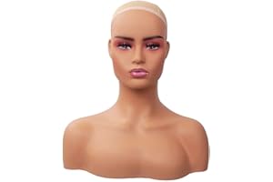 JINGFA Realistic Female Mannequin Head With Shoulders for Wigs,Makeup,Beauty Accessories Displaying