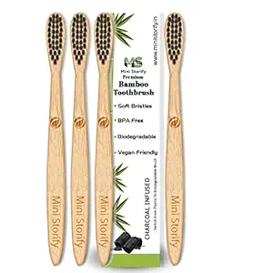 Mini Storify Kids Bamboo Toothbrush with Activated Charcoal and Biodegradable Handle Natural, Soft Bristles, Eco-Friendly, BPA Free, Compostable Wooden Tooth Brushes (Pack of 4)