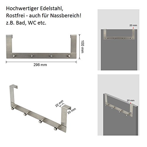 Türhakenleiste Türhängeleiste für Türen bis ca. 20 mm Falzstärke Edelstahl 30 x 10 cm Silber 4 Haken bis Max 8 kg belastbar (1stk) - 2