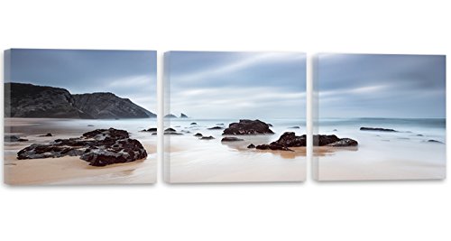 Feeby Frames, Cuadro en Lienzo - 3 Partes - Panorámico, Cuadro impresión, Cuadro decoración, Canvas 120x40 cm, Rocas, Agua, MAR, Paisaje, Vista, Azul, Negro, MARRÓN