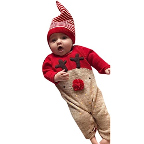 Preisvergleich Produktbild OverDose Neugeborenen Baby Deer Jungen Mädchen Weihnachten Overall Jumpsuit + Hut Outfits Kleidung Set(18 Monate,A-Rot)