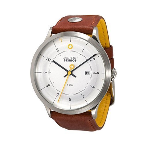 DAYE / TURNER Herren-Armbanduhr Stern SEIRIOS Edelstahlgehuse Designer-Uhr Leder Hellbraun Ziffernblatt Weiss Seiko Quarzuhrwerk Hochwertiges Mineralglas