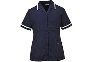 Portwest LW20 Women’s Classic Tunic Polycotton Work Uniform with Pockets Ladies Healthcare Beauty Concealed Zip Action Back Spa Salon Nail Massage Therapist Shirt Top, Navy, Medium