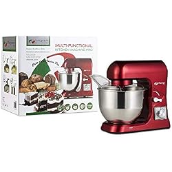 MAGNANI Robot Patissier Rouge, Robot Cuisine Multifonctions, Batteur Electrique Cuisine, Petrisseur de Pate, Bol Acier Inoxydable 5L, Malaxeur Melangeur 6 Vitesses