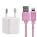 Produktbild Innovatives Ladeset mit klein rundem Netzteil weiß (1A / 5V) & stylischem 3 Meter Textil Ladekabel pink rosa Daten Kabel 8 Pin für iPhone 6s Plus / 6s / 6 Plus / 6 / 5s / 5c / 5, iPad Air / 2, mini / 2 / 3 / 4, iPad 4, iPad Pro, iPod touch 5th generation, und iPod nano 7th generation - IOS9 - von OKCS