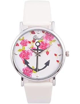 Yaki Casual Damen Armbanduhr Quarz Uhr Lederband Weiß mit Anker Blumenmuster zifferblatt