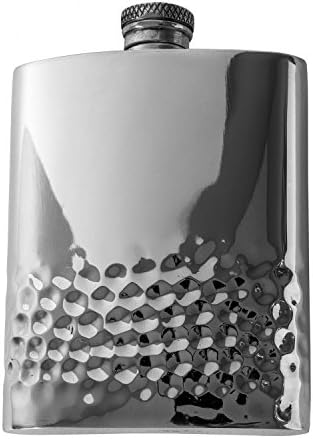 Pewter Flask with Hammered Design and Silver Finish - 6 Ounce - Handmade in England - BONUS Pewter Flask Funnel