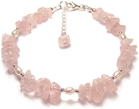 Women 925 Sterling Silver Rose Quartz Pink Chip and Oval Pearl 4.0mm Gemstone Bracelet Adjustable 1" Extension
