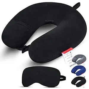 Trajectory Supercomfy Black Neck Pillow Rest Cushion with Velvet Eyemask for Travel in Flight car Train Airplane with 10 Years Warranty for Sleeping for Men and Women