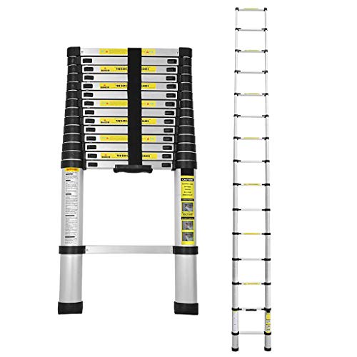 Preisvergleich Produktbild Krispich Teleskopleiter 4,4m Anlegeleiter Alu Ausziehleiter Mehrzweckleiter Stehleiter Dachboden Loft Leiter mit Fingerklemmschutz, Belastbar bis 150 kg