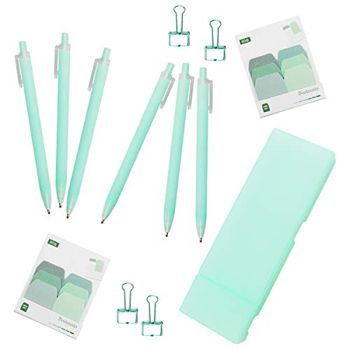 Cute Pens for Child, 6pcs Mint Green Black Ink Pen for Kids Writing Signing Pens Pencil Case Come with Sticky Notes for School Office