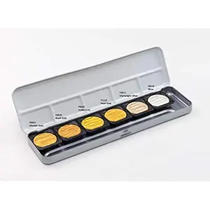 FineTec Mica Based Pearlescent Watercolours - Opaque - Professional Quality - Set of 6 Pearlescent Colours in a metal box - 30 mm Dia Pans - 4 Golds + 2 Silvers - The New M600