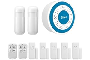 CLOUREE Wireless Alarm Siren Home Security System, Speaker with High Decibel Strength and Light Flash Indoors, with 433 MHz PIR Detector and Door Sensor (10 Piece Kits)