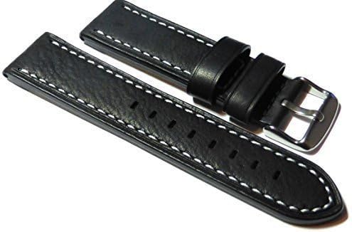 22mm W/Proof Leather Black Grained Watch Strap With Grey Stitching.