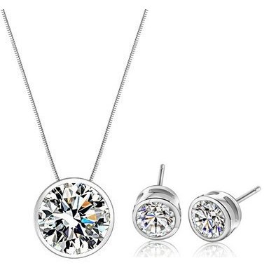 925 Sterling Silber Schmuckset Kristall Rund Transparent Ohrringe Halskette Damen