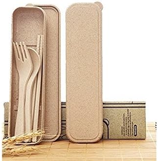Nalmatoionme Creative Portable Travel Wheat Straw Tableware Set (Set of 3pcs, Beige)