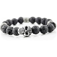 Handmade Handgemacht Lavastein Kugel Armband mit Ornament Schmuckperle zirconia und Gummizug Kugelarmband Schmuck Unisex Rocker Biker Lava Totenkopf Skull Armband Damen Herren Bracelet 10mm Perlen men