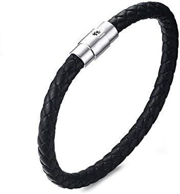 Lekima 6MM Bracelet Bangle Cuff Genuine Leather Braided Magnetic Clasp Stainless Steel Wristband Hand Rope For Men Women - Black (Gift Bag Included)