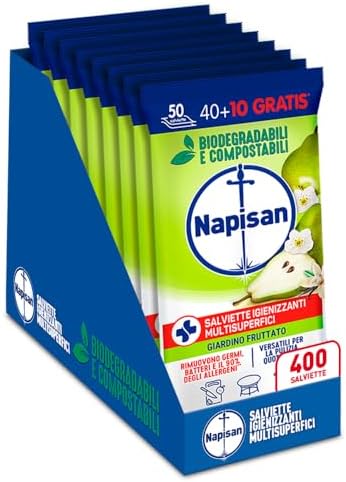 Napisan Salviette Igienizzanti Multisuperfici Giardino Fruttato, Confezione da 8 Pacchi da 50 Salviette Igienizzanti Biodegradabili e Compostabili