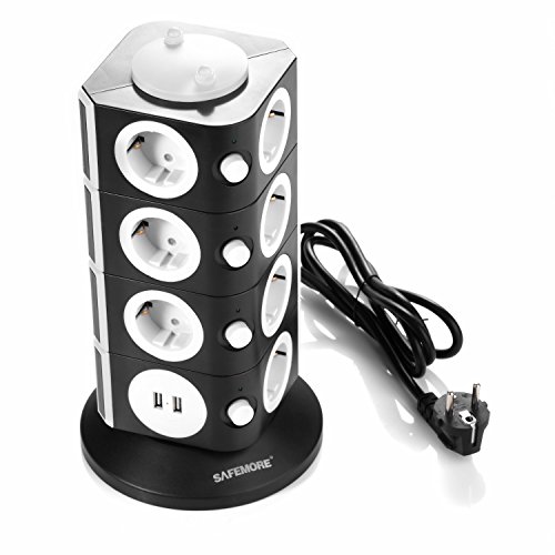 SAFEMORE Schaltbare 15 Fach Steckdosenleiste Mehrfachsteckdosen Steckdosenturm mit 2 USB Anschlüsse 2500W/10A Schwarz + Weiß - 8