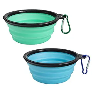 SLSON Collapsible Dog Bowl 2 Pack, Portable Silicone Pet Feeder, Foldable Expandable for Dog/Cat Food Water Feeding, Travel Bowl for Camping, Light Blue and Green